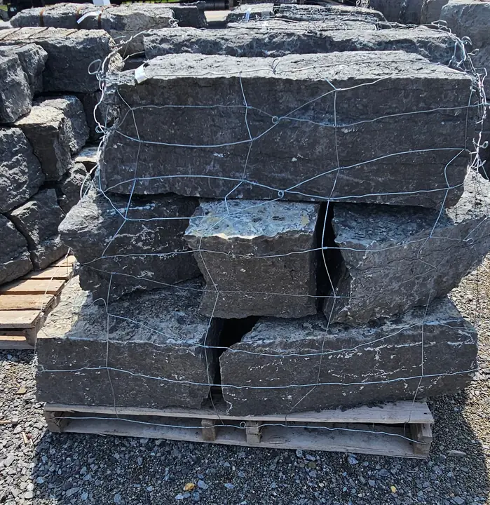 Large limestone blocks wired on a pallet