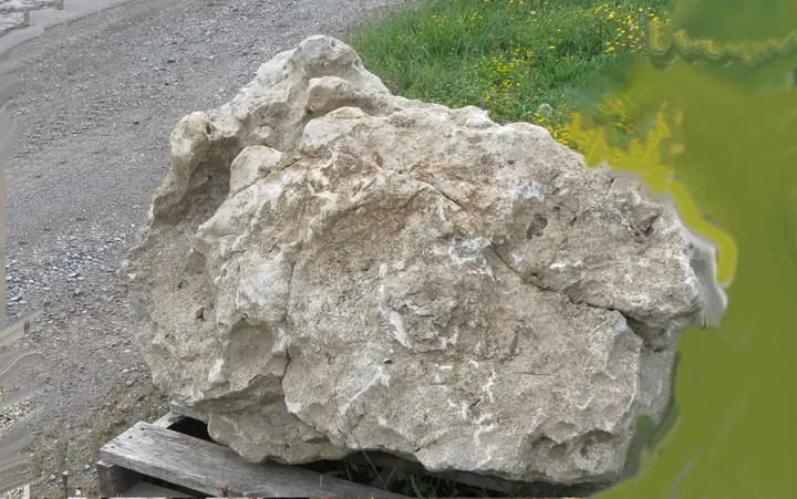 A rough grey and white boulder on a pallet