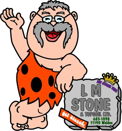The Stone King, the LM Stone caveman, leaning on an LM Stone rock